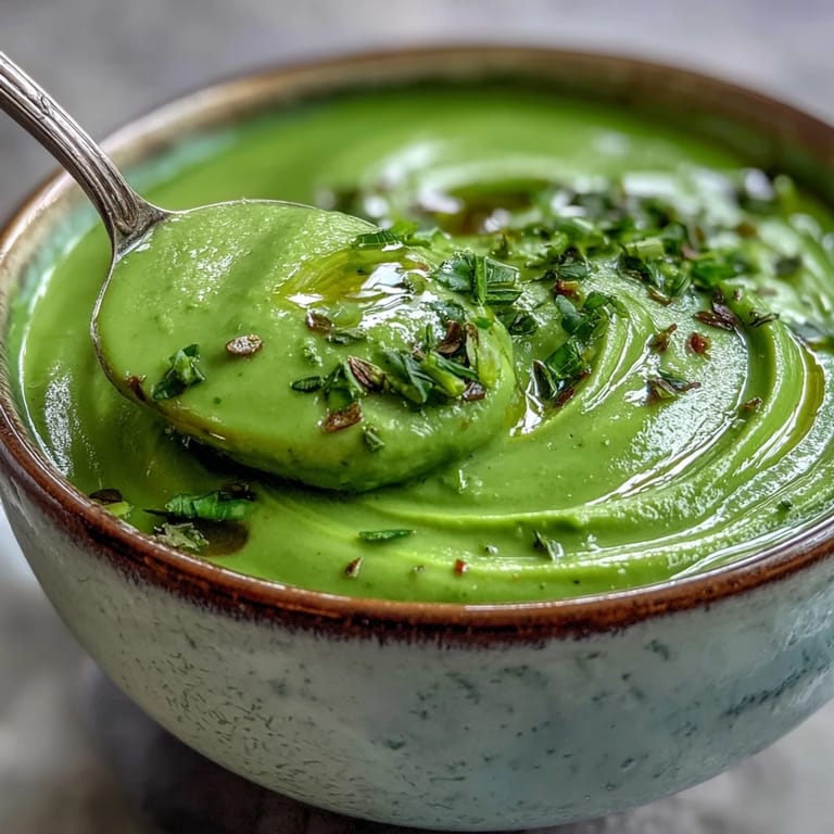 A bowl of vibrant green Big Green Immunity-Boosting Vegetable Soup topped with a drizzle of olive oil. 