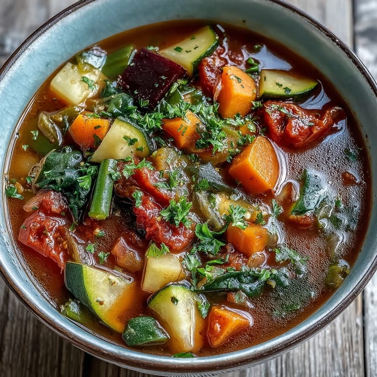 Rainbow Vegetable Detox Soup simmering in a pot, showcasing colorful beetroot, carrots, and bell peppers in a savory broth.