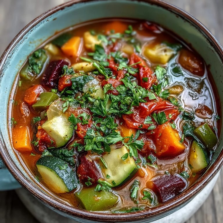 Hearty ladle of Rainbow Vegetable Detox Soup served with crusty bread, highlighting tender greens and a nourishing vegan meal.