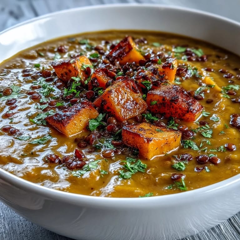 Hearty vegan butternut squash and lentil soup blended smooth, swirled with olive oil, and garnished with fresh parsley, ideal with crusty bread for dipping.