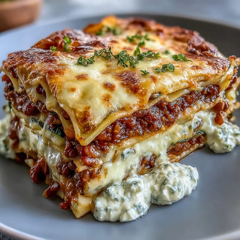 A single skillet of hearty One-Pan Smoky Veggie Lentil Lasagne served with a crisp green salad.