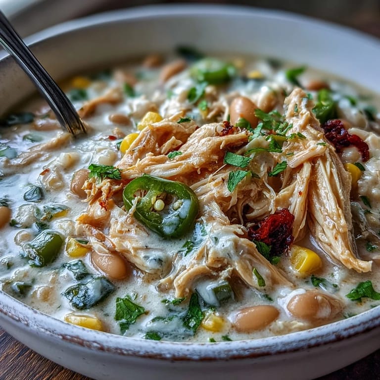 Close-up view of White Chicken Chili featuring tender shredded chicken, white beans, and corn in a creamy broth.