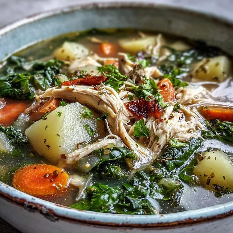 Warm collard greens, chicken and vegetable soup served in a ceramic pot, ready to ladle with crusty bread on the side.
