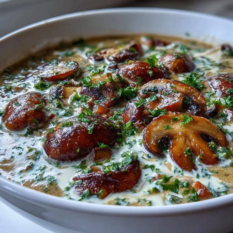 A ladle scoops rich Creamy Mushroom Stroganoff Soup, revealing golden mushrooms and savory steam above a cozy pot.