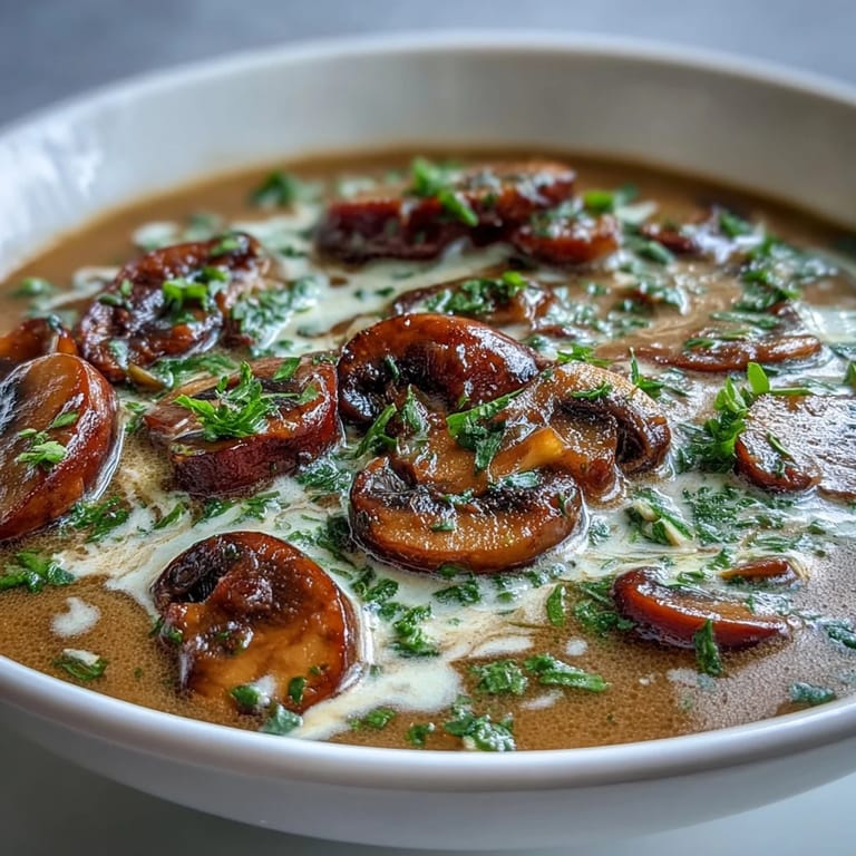 Serve Creamy Mushroom Stroganoff Soup with crusty bread for dipping, highlighting a creamy, luxurious texture for comforting evenings.
