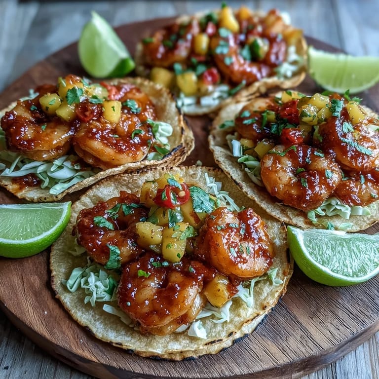 Spicy and sweet Sriracha Shrimp Tacos with Mango Salsa are topped with fresh cilantro and lime.