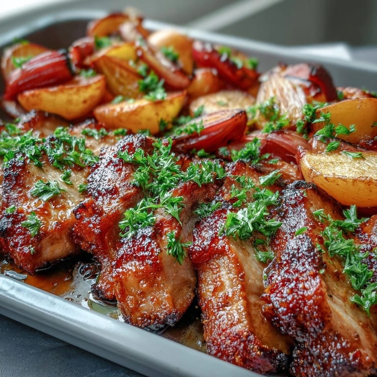 Thick slices of juicy pork shoulder roasted with vibrant rhubarb chunks, red onion wedges, and fresh ginger.