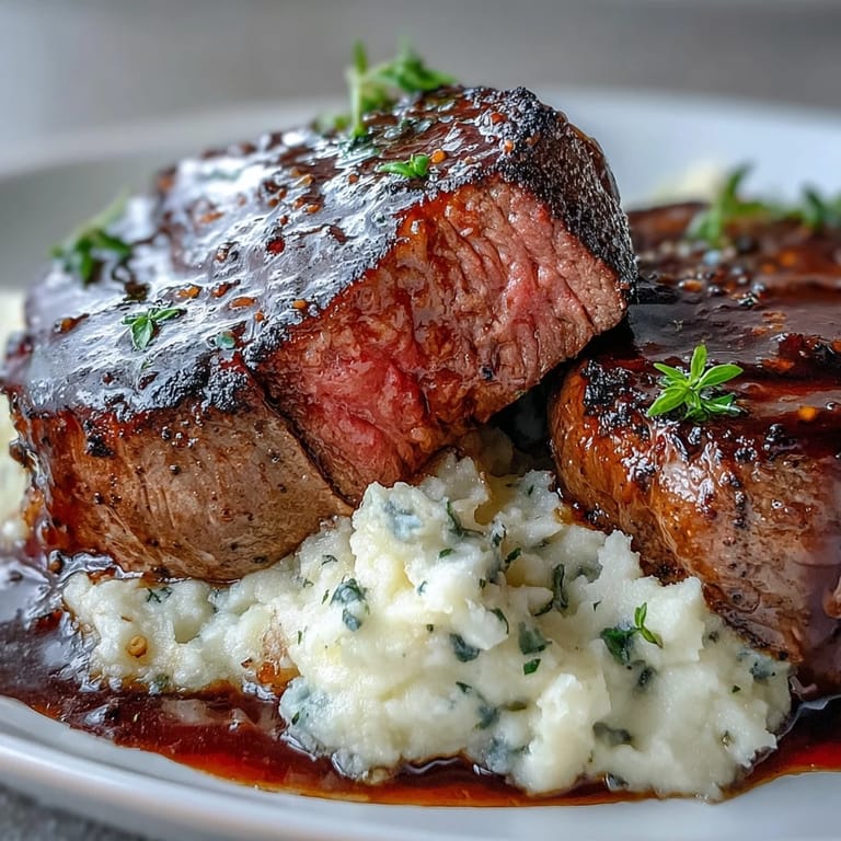 Sizzling venison steaks with caraway crushed swede and a rich red wine pan sauce.