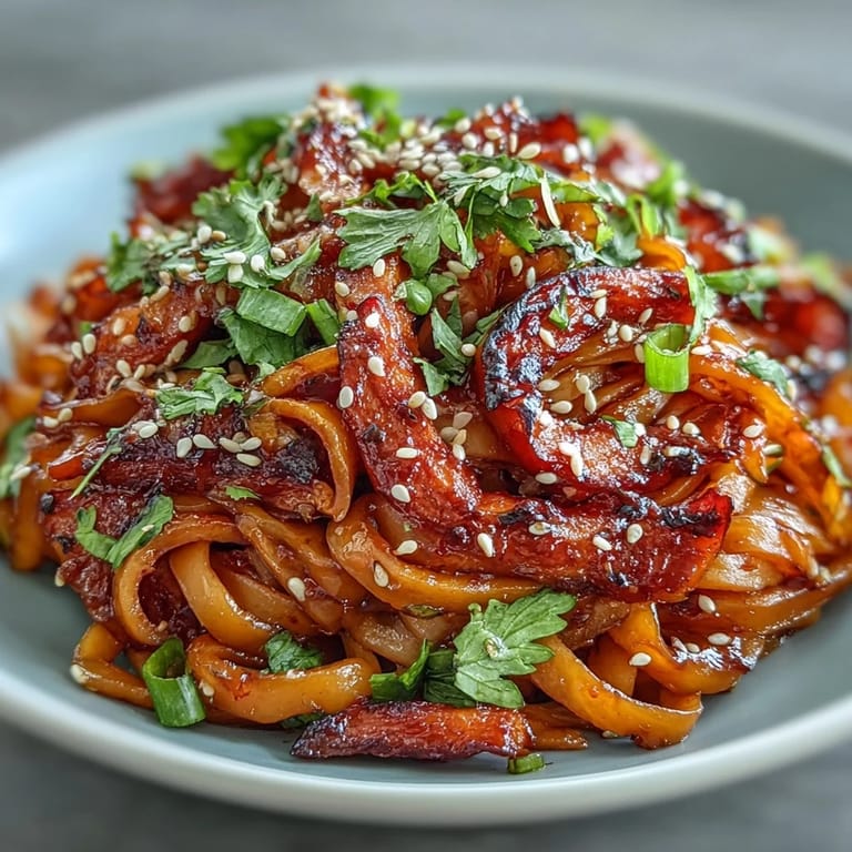 Roasted swede noodles tossed with a sweet and spicy gochujang sauce and fresh garnishes.