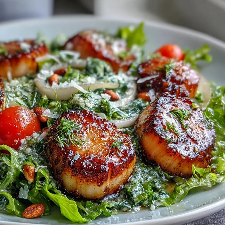 Plump scallops with a golden crust sit on a fresh escarole and tomato salad.