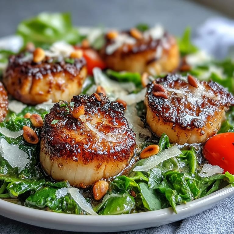 Elegant seared scallops served with a crisp green salad and a drizzle of pesto.