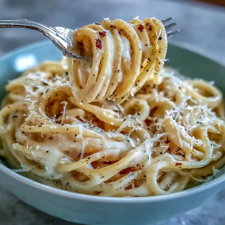Close-up of Cacio e Pepe pasta with shaved Pecorino Romano and pepper flakes, ready to be enjoyed at a dinner table.