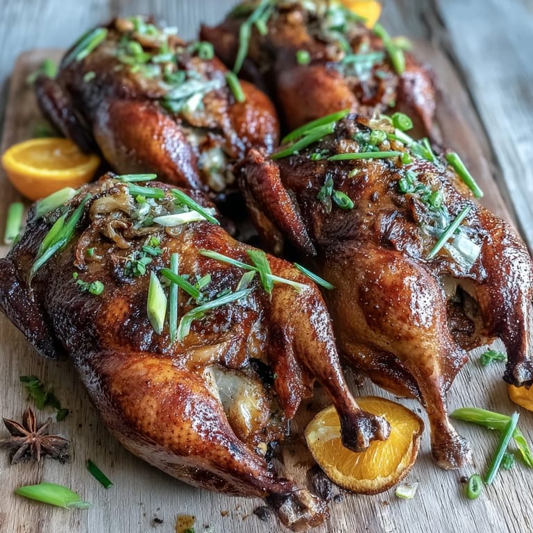 Glistening, golden-brown Five-Spice Roast Ducks fresh from the oven with orange and star anise.