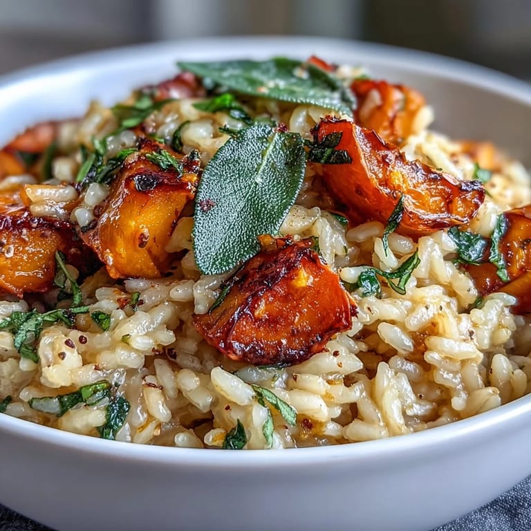 Tender roasted pumpkin and nutmeg-infused arborio rice topped with golden, pan-fried sage.