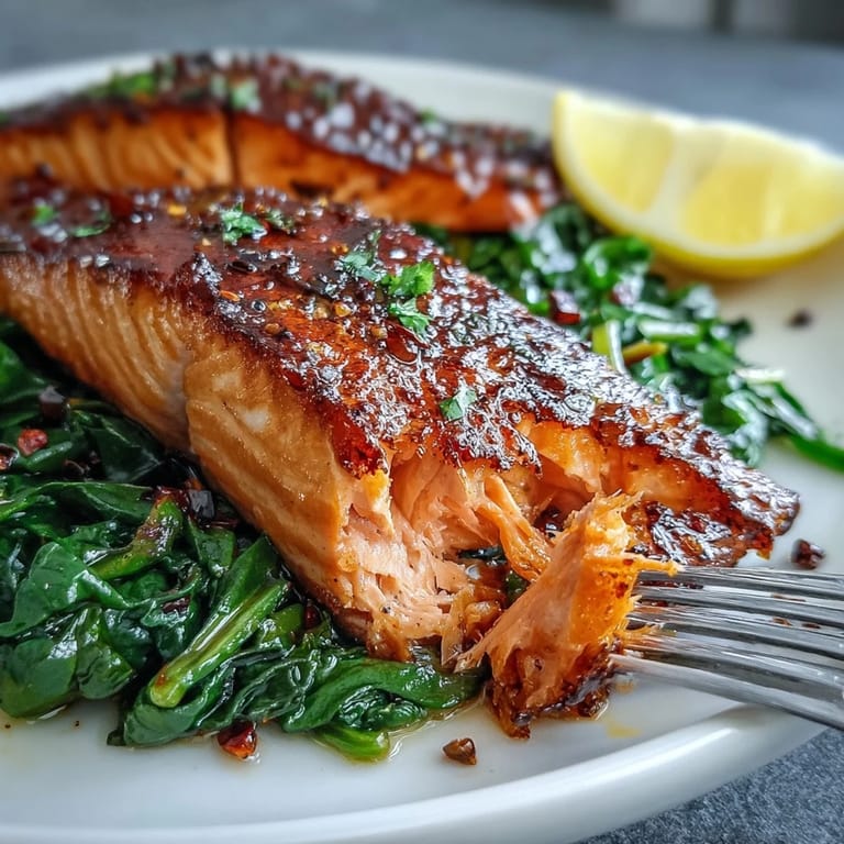 Close-up of juicy Air Fryer Salmon and Swiss Chard with extra-crisp skin, served hot with a side of sautéed greens.