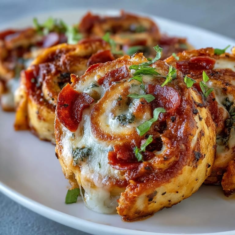 A close-up of Tortilla Pizza Rolls shows a crispy spiral crust with bubbling cheese and diced pepperoni inside.