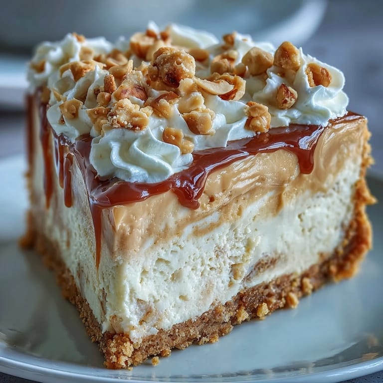 A serving of Nutter Butter cheesecake with extra cookies and a drizzle of chocolate sauce on a white plate.