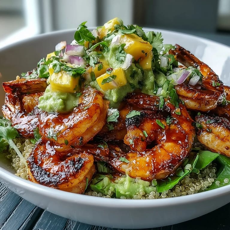 Close-up of Fresh Shrimp and Creamy Avocado Bowls, showcasing bright mango salsa and lime chili sauce drizzle.