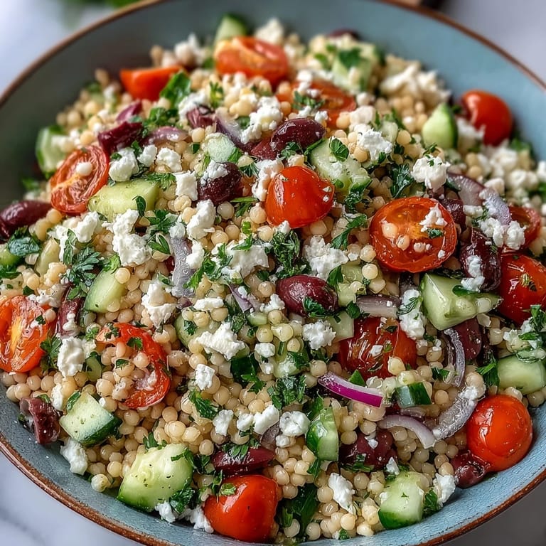 White serving bowl of Mediterranean Pearl Couscous salad with crunchy vegetables, briny olives, and crumbled feta, ready to enjoy.