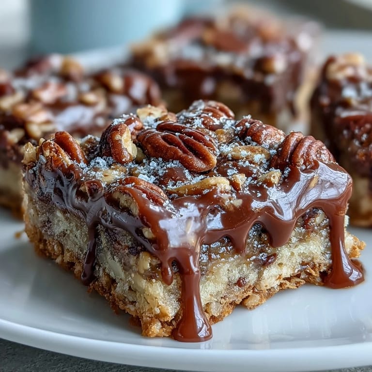 Sliced Decadent Sweet and Chewy Turtle Bars on a white plate beside coffee, highlighting chewy texture and buttery pecan toppings.