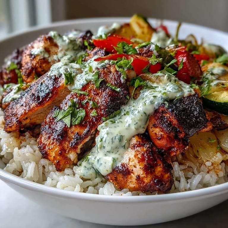 Vibrant blackened chicken bowl featuring spiced chicken and a bright citrus crema topping.