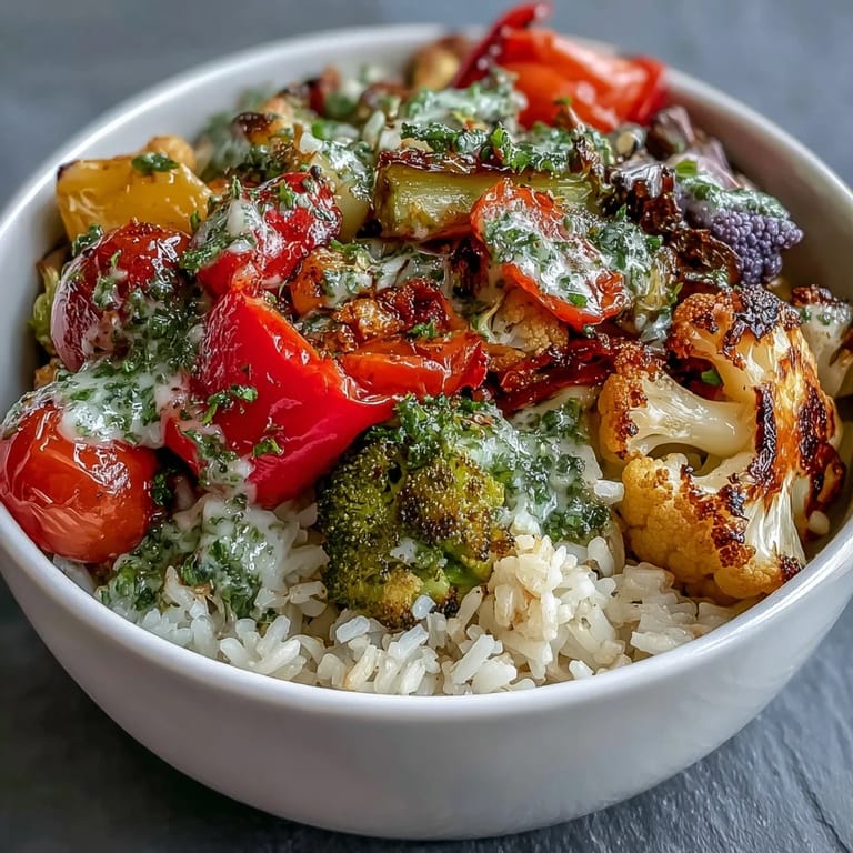 Roasted red, yellow, and purple veggies in a Rainbow Roasted Vegetable Bowl over fluffy rice.