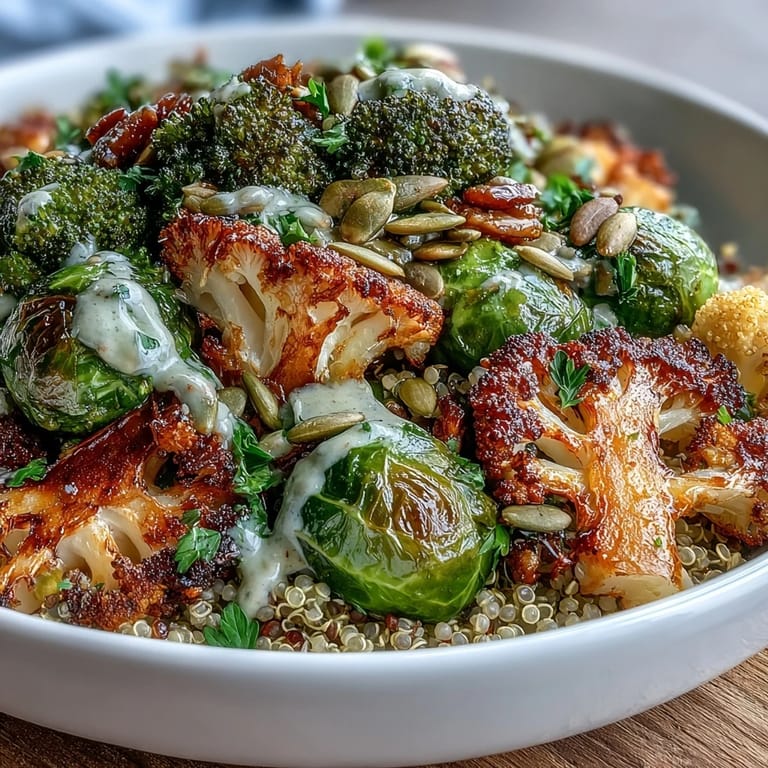 A close-up of a vibrant Roasted Brassica Bowl with crisp-tender vegetables, creamy tahini dressing, and a sprinkle of toasted pumpkin seeds for texture.