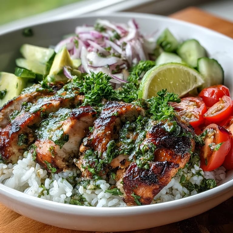 Delectable Chimichurri Chicken Bowl, a healthy Latin-inspired meal, showcasing colorful produce and herbs.