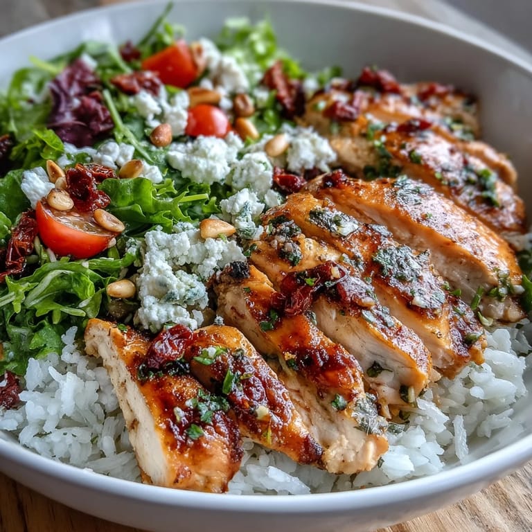 Bright sun-dried tomato chicken bowl piled high with tender chicken and crisp salad.