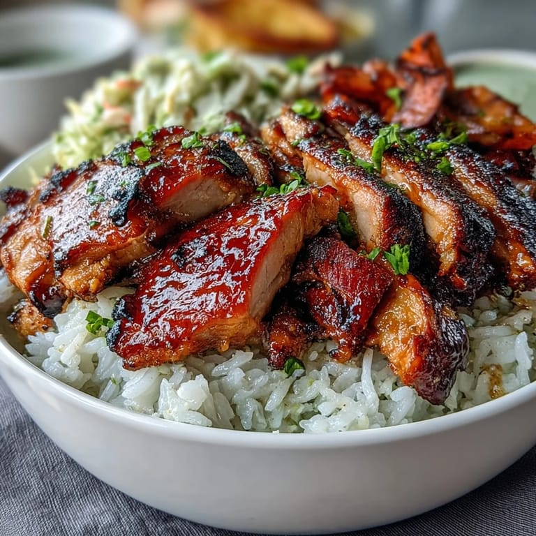 Sliced smoky BBQ chicken sits atop fluffy rice beside crunchy coleslaw and roasted veggies.