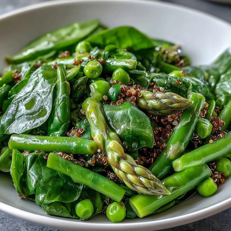 Vibrant spring vegetables, including peas and asparagus, are artfully layered over grains for a wholesome Spring Green Bowl.