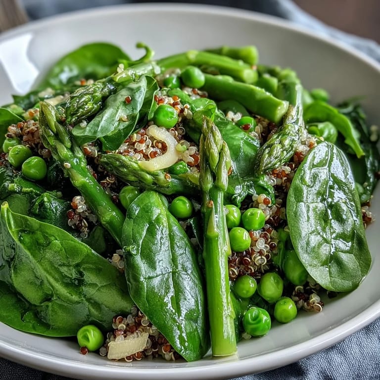 A close-up of a fresh Spring Green Bowl reveals wilted spinach, toasted pumpkin seeds, and a drizzle of zesty lemon dressing.  