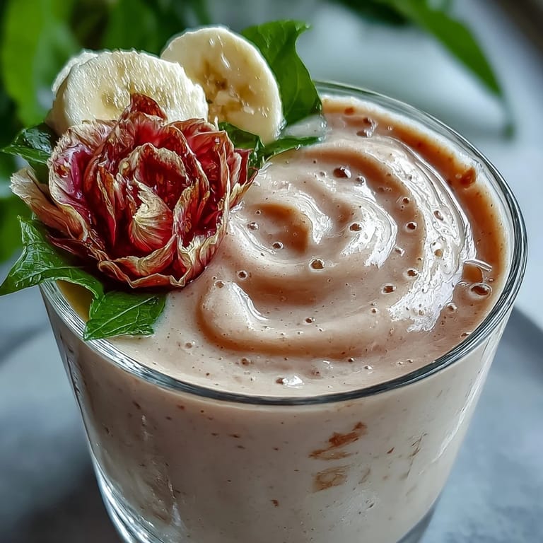 Close-up of a tall glass of Guava Banana Smoothie with a colorful straw and tropical fruit garnish.
