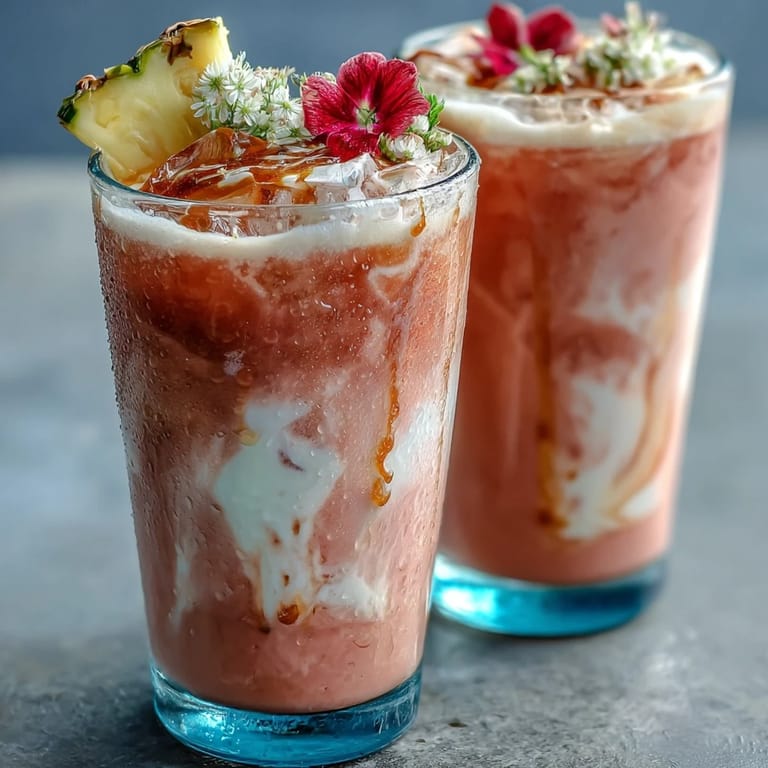 Homemade Iced Guava Passionfruit Drink poured over ice, showcasing vibrant guava and passionfruit hues with a ginger-kissed pineapple syrup swirl.