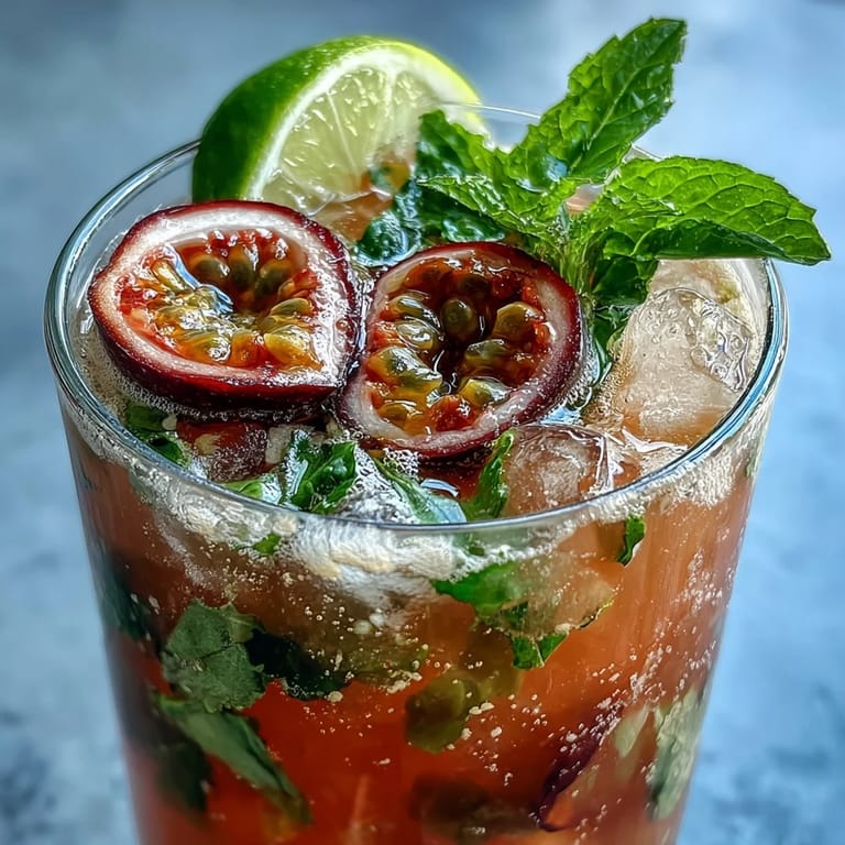 Two tall glasses of vibrant DIY Iced Guava Passionfruit Drink topped with mint leaves and tropical fruit slices.