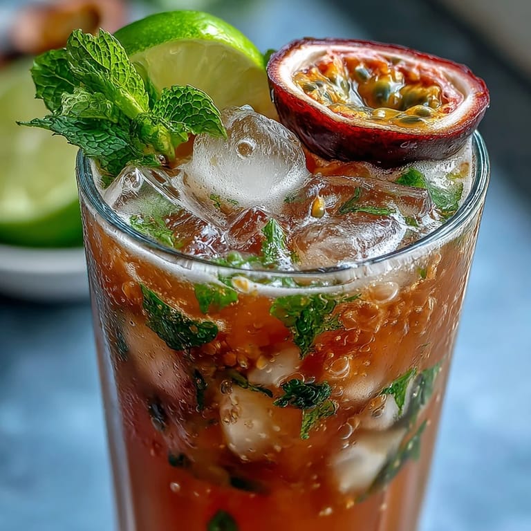 Pouring ice-cold DIY Iced Guava Passionfruit Drink into a glass with fresh guava and passionfruit juice.
