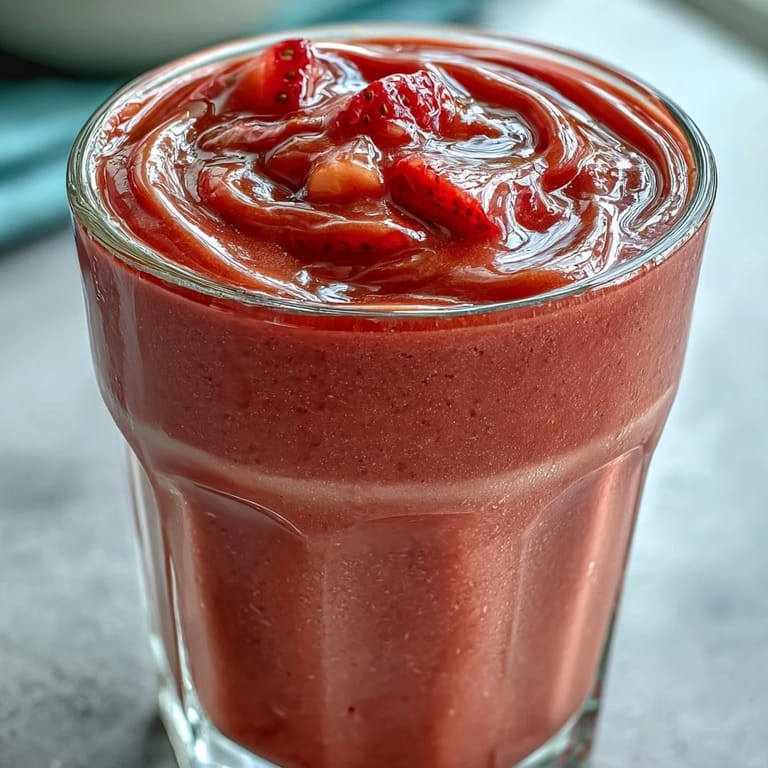 Refreshing guava juice smoothie garnished with strawberries, perfect for a quick, healthy breakfast or snack.