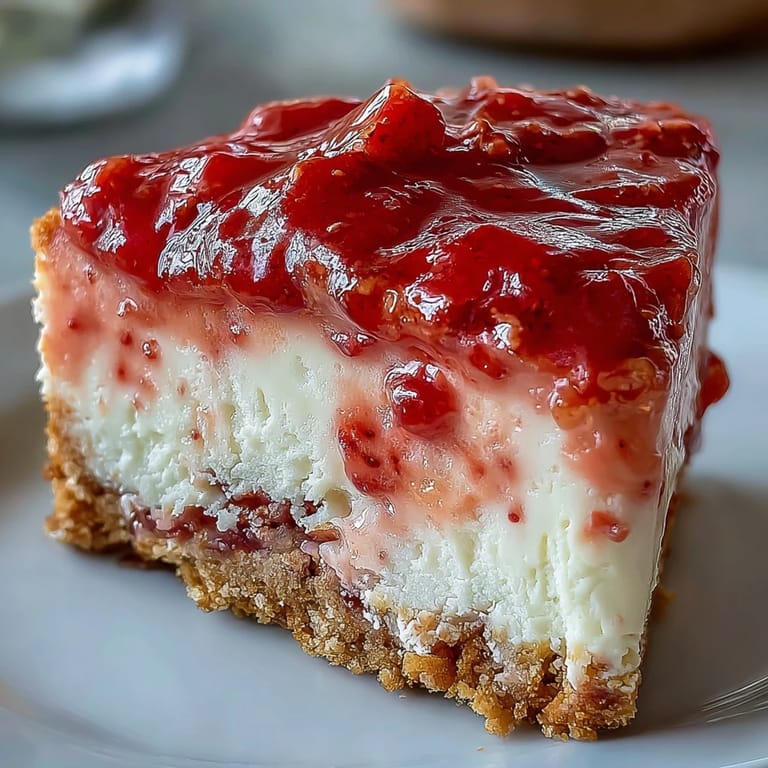Close-up view of Guava Cheesecake highlights a rich, marbled texture and the golden, baked cookie base.