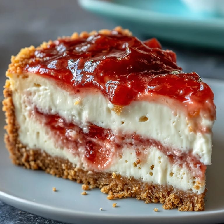 A whole Easy Guava Swirl Cheesecake shows a smooth top with vibrant pink tropical swirls.