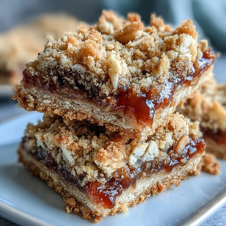 Close-up of Guava Jam Bars revealing buttery oat crumble, toasted coconut, and chopped macadamia nuts.