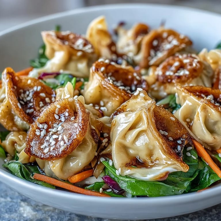 Steam rises from a skillet of Potsticker Noodle Bowls, filled with tender vegetables and savory potstickers in a garlicky sauce.