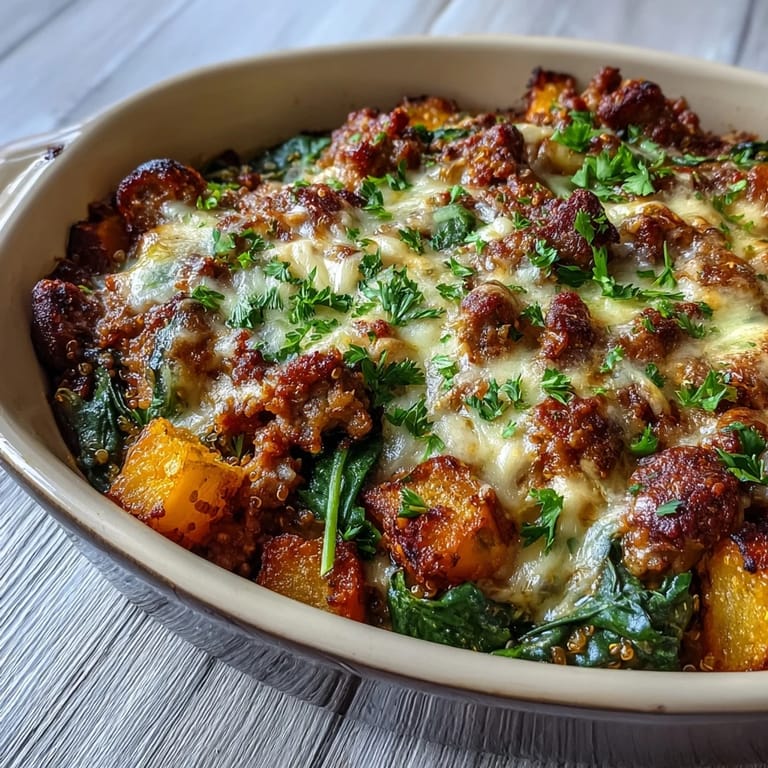 A spoon scoops into the hearty Cozy Butternut Squash & Sausage Casserole, revealing layers of savory sausage and quinoa.