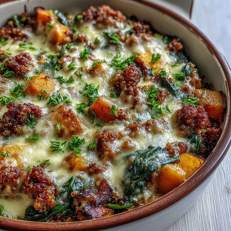 A slice of the Cozy Butternut Squash & Sausage Casserole on a plate, garnished with fresh parsley, ready to eat.