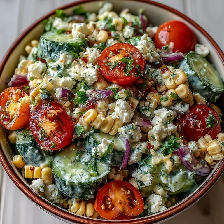 Close-up of Street Corn Creamy Cucumber Salad highlighting juicy corn, crisp cucumbers, and zesty lime dressing.