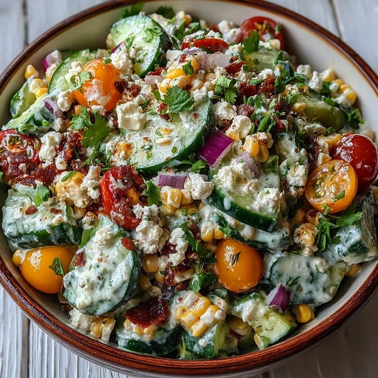 Creamy Street Corn Creamy Cucumber Salad served in a rustic bowl with tortilla chips for dipping.