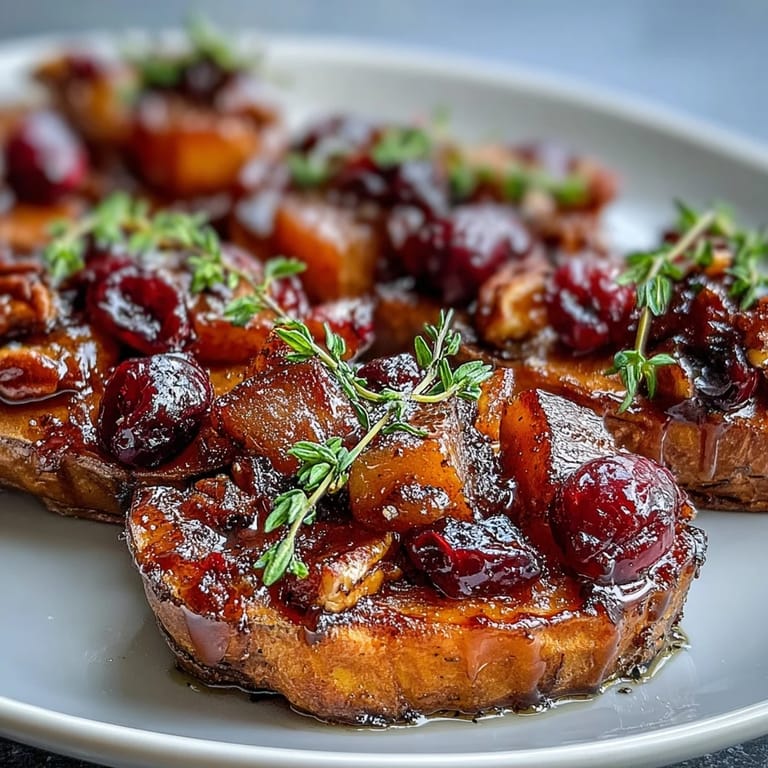 A close-up look at the vibrant Cranberry Apple Twice Baked Sweet Potatoes, highlighting the toasted pecans and maple glaze.