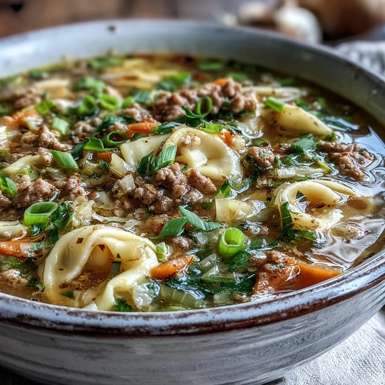 A close-up of Cozy One-Pot Egg Roll Soup showing tender pork, shredded cabbage, and carrots swimming in a rich ginger-infused broth.
