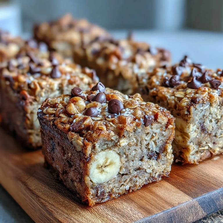 Gooey chocolate chips top a square of warm banana baked oatmeal bars.