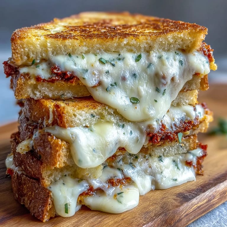 Two halves of a Sun-Dried Tomato Pesto Grilled Cheese sandwich stacked on a white plate, ready for a cozy lunch.