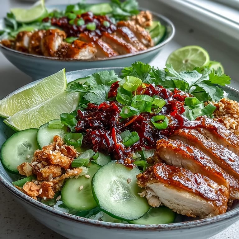 Vibrant bowl of marinated chicken, crisp cucumbers, and jasmine rice topped with a generous spoonful of fiery red chili crisp.